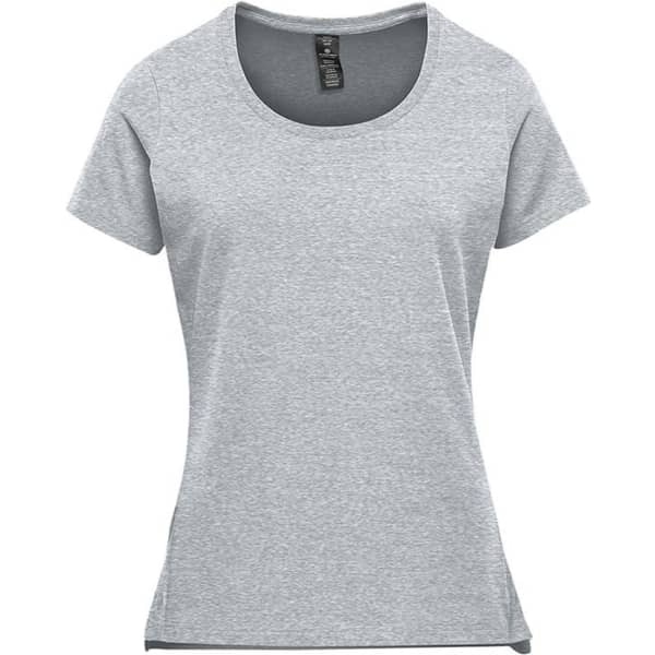 A light grey women's performance short sleeve tee featuring a scoop neckline and a logo.