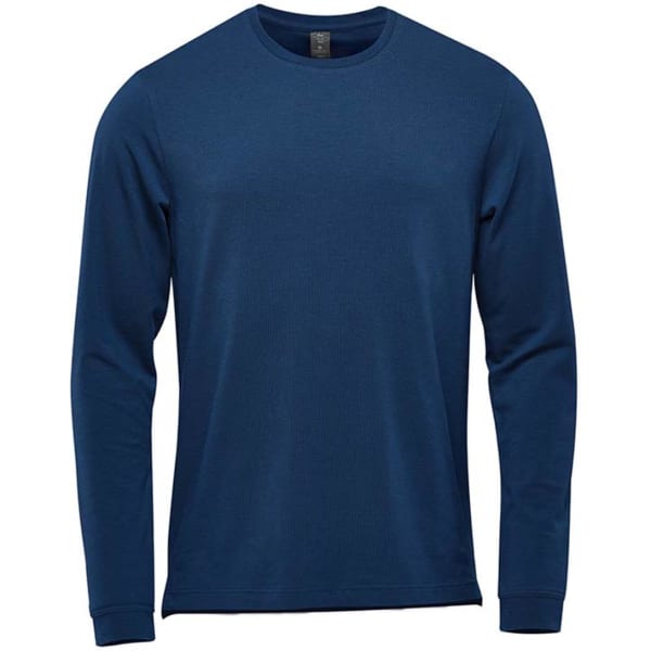 A navy long sleeve tee with a crew neckline and a simple design, featuring a logo on the label.