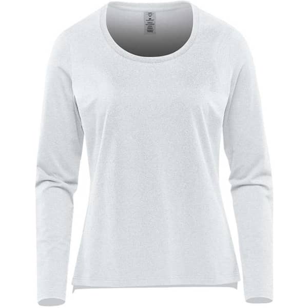 A light grey long sleeve performance tee featuring a round neckline and logo on the label.