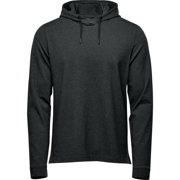A dark grey pullover hoody with a hood and drawstrings, featuring long sleeves and a simple design.