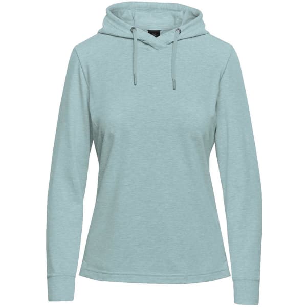 A women's pullover hoody in a soft mint green colour, featuring a hood and long sleeves. It has a logo.
