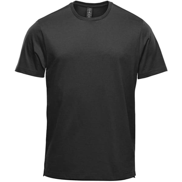 A black short sleeve tee with a round neckline and a small logo on the label.