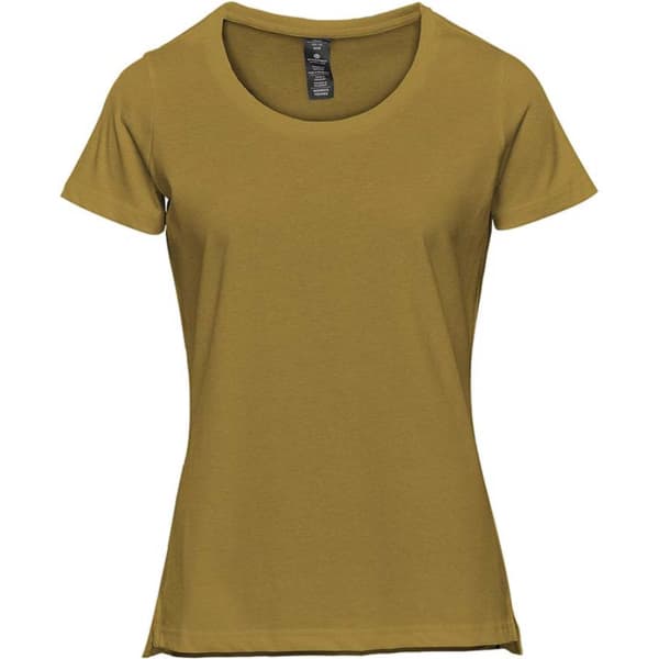 A women's short sleeve tee in olive green with a round neckline and a logo on the label.