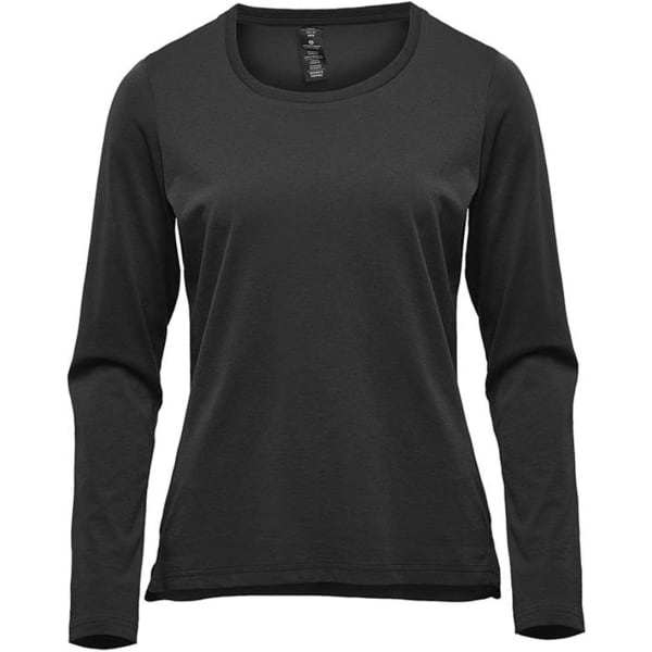 A black long-sleeve tee for women, featuring a round neckline and a logo on the label.
