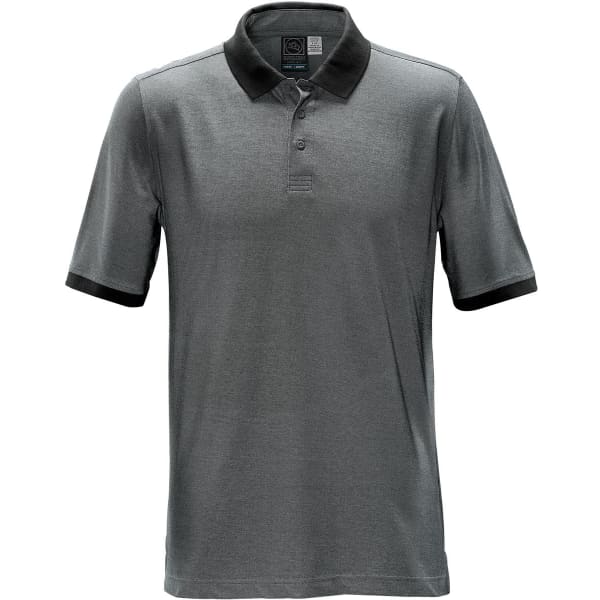 A dark grey polo shirt with a black collar and trim, featuring a logo on the upper chest.