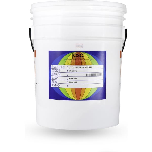 A white plastic bucket with a handle, featuring a label with a logo and colourful graphics.