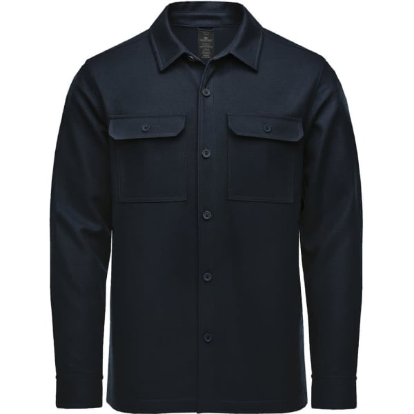 A navy blue men's shacket with two chest pockets and button closure. It features a collar and long sleeves.