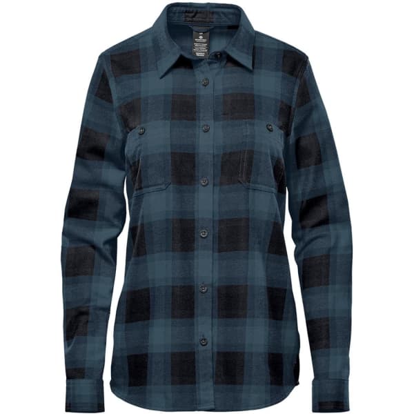 A button-up shirt featuring a dark green and black plaid pattern, with long sleeves and a chest pocket.