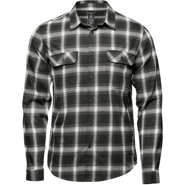 A long-sleeve button-up shirt in green and white plaid with chest pockets and a logo.
