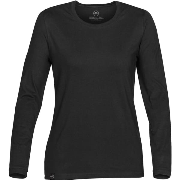 A black long-sleeve women's t-shirt with a round neckline and a logo on the hem.