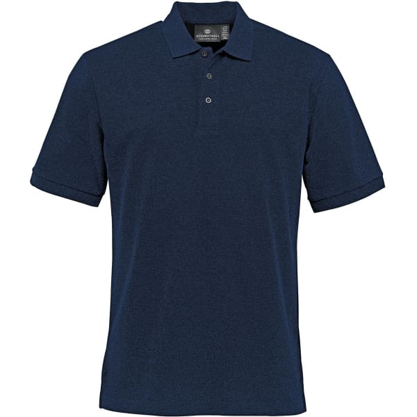 A navy blue stretch pique polo shirt featuring a collar and logo.
