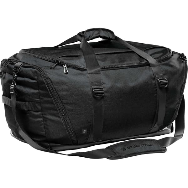 A black duffle bag featuring dual handles, adjustable shoulder strap, and a branded logo.