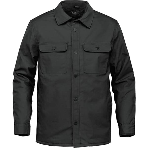 A Men's Tradesmith Jacket in black, featuring a button-up front and two chest pockets. Includes a logo on the chest.