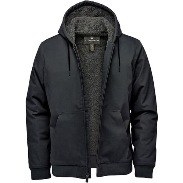 A black hooded jumper featuring a plush lining and front pockets, complete with a logo on the chest.