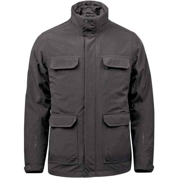 A dark grey men's jacket with multiple pockets and a high collar, featuring a logo on the side.