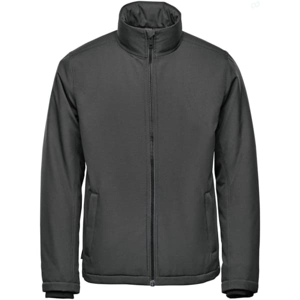 A thermal jacket in dark grey, featuring a zip front and a stand-up collar, with side pockets and branding.