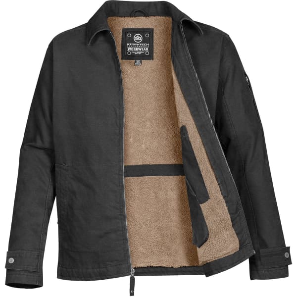 A black work jacket with a soft beige lining, featuring a zip closure and a pocket on the inside.