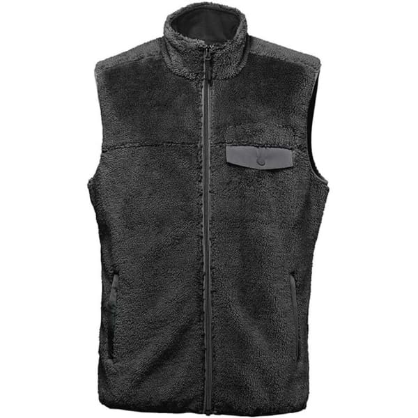 A grey men's Sherpa fleece vest featuring a zip front and side pockets, with a small logo on the chest.