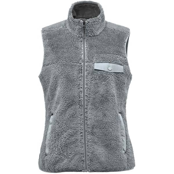 A grey women's sherpa fleece vest with a high collar, zipped front, and two side pockets. It features a small pocket on the chest.