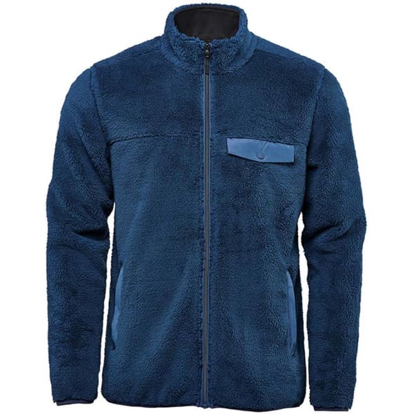 A navy blue men's polar fleece jacket with a zip front and a chest pocket, featuring a logo.