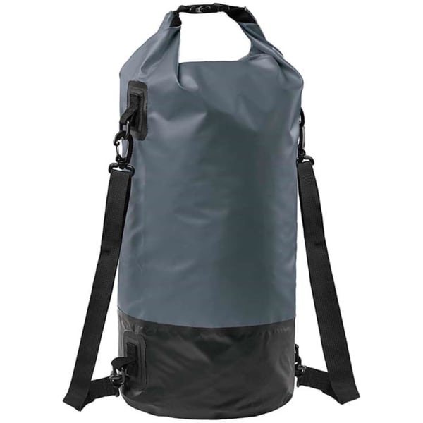 A roll-top backpack featuring a grey and black design with adjustable straps and a logo.