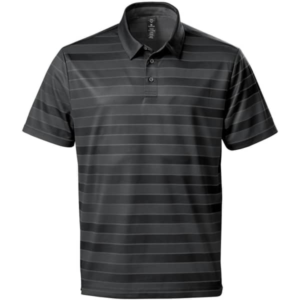 A dark grey polo shirt with horizontal stripes and a collar. It features a logo on the chest.