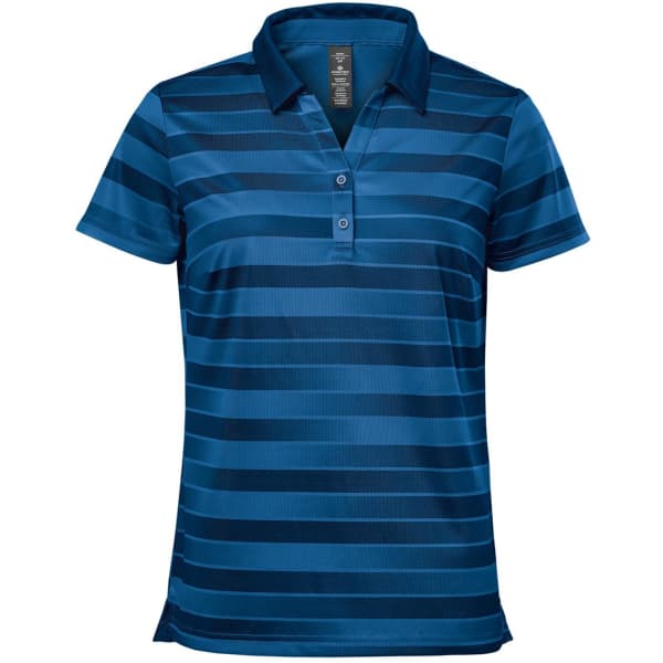 A women's polo shirt in dark blue with horizontal stripes and a collar. It features a logo on the front.
