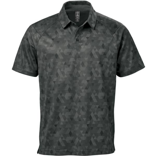 A men's polo shirt in a dark green geometric pattern with a collar and short sleeves, featuring a logo.