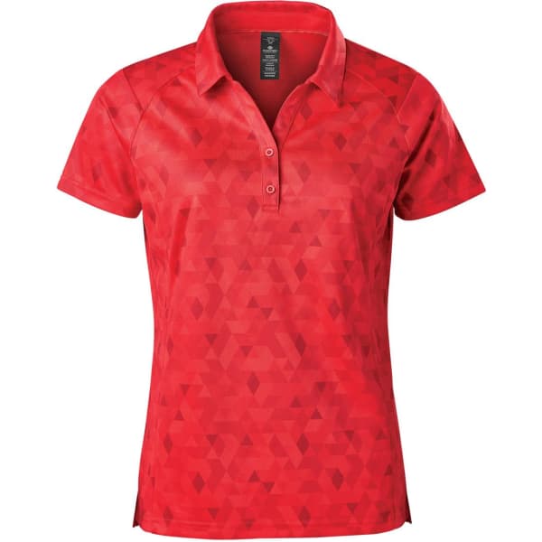 A red Women's Galapagos Polo featuring a geometric pattern and a collar. It has a logo on the design.