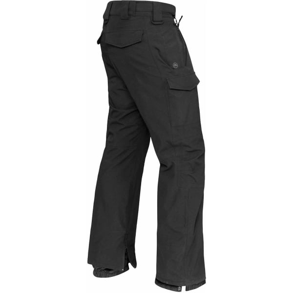 A pair of black hard shell pants featuring multiple pockets and a tapered fit, with a logo visible on the waistband.