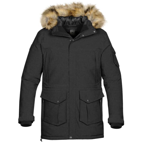A black expedition parka with a faux fur hood, featuring multiple pockets and a zip closure.