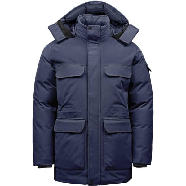 A navy blue Men's Denali Parka featuring multiple pockets and a hood, complete with a logo on the sleeve.
