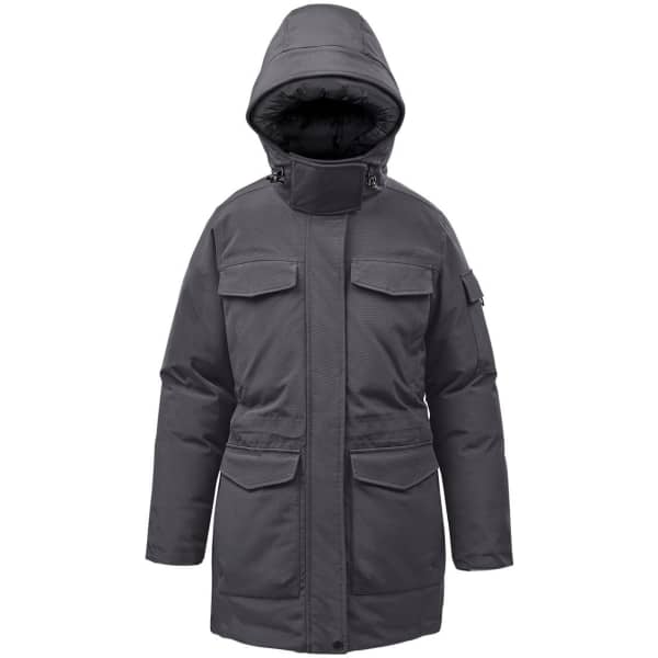 A women's puffer jacket in dark grey with a hood, featuring multiple front pockets and a zip closure.