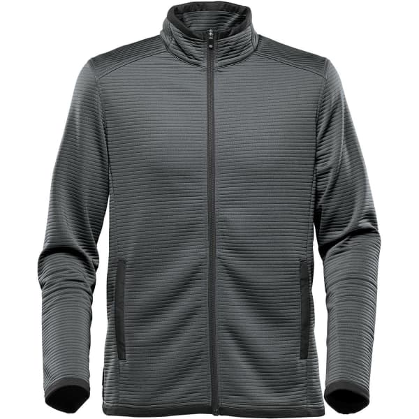 A green men's jacket with a zip front, high collar, and side pockets. It features a textured pattern and has a logo.