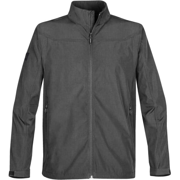 A grey men's softshell jacket with a high collar and zipped pockets, featuring a logo on the sleeve.