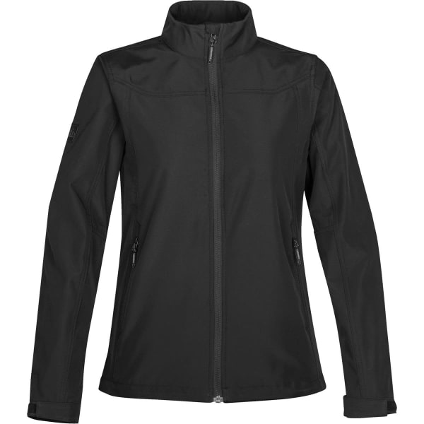 A black women's softshell jacket with a zip front and high collar, featuring side pockets and a logo.
