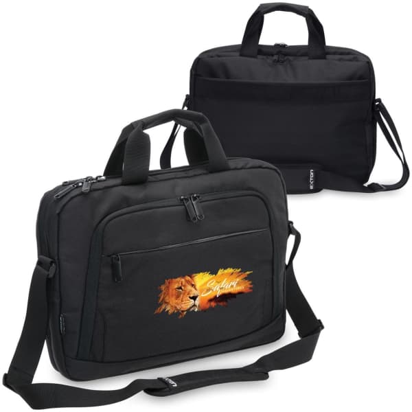 A black laptop bag with a front pocket featuring a lion graphic and detachable shoulder strap.