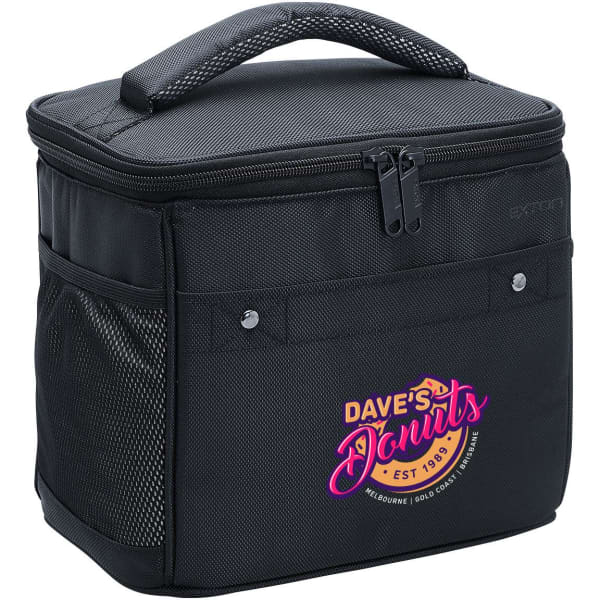 A black cooler bag featuring a zippered top, handle, and branding on the front.