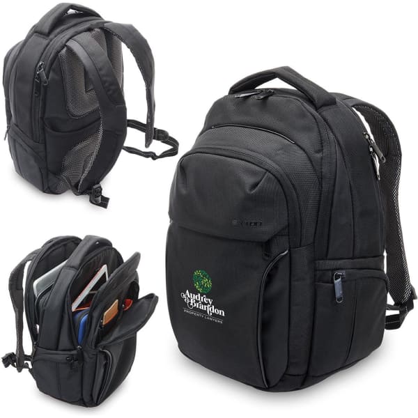 A black Exton Laptop Backpack with multiple compartments, padded straps, and a logo on the front.
