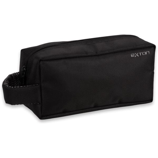 A black toiletry bag with a textured surface, featuring a zip closure and a side handle, includes a logo.