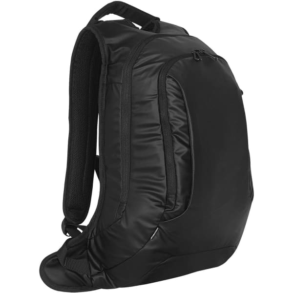 A sleek black backpack with padded straps and multiple compartments, featuring a side pocket and a logo.