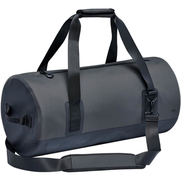 A black waterproof duffel bag with dual handles and an adjustable shoulder strap. It features a zippered opening and a logo.