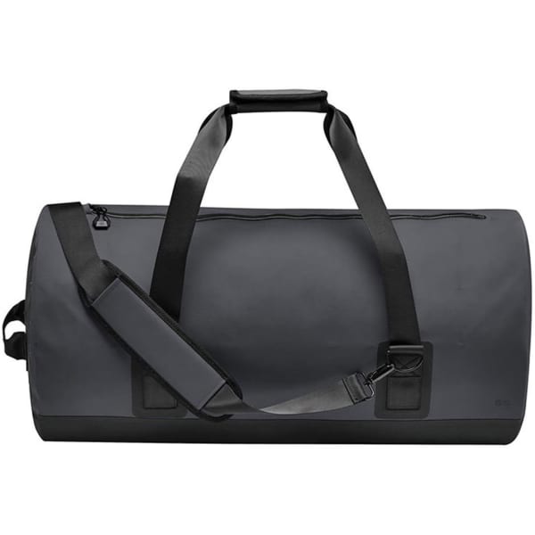 A waterproof duffel bag in dark grey with sturdy handles and adjustable shoulder strap, featuring a logo.