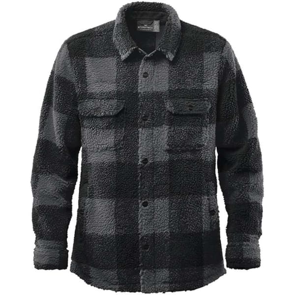 A unisex black and grey check fleece jacket featuring button closures and two chest pockets, with a logo on the front.