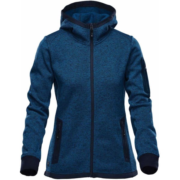 A blue knit hoody with a zip front, featuring a hood and pockets, along with a logo on one sleeve.