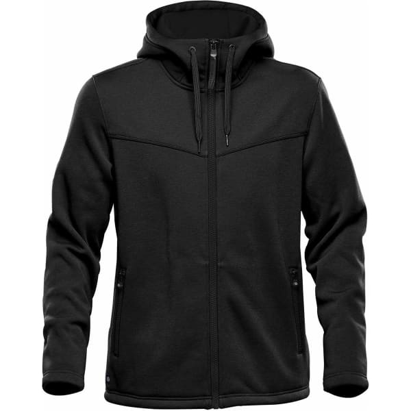 A black men's hoodie with a zip front, hood, and side pockets. It features a branding logo.