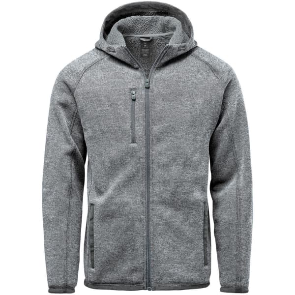 A grey full zip fleece hoody with a hood and zippered pockets, featuring a logo on the chest.