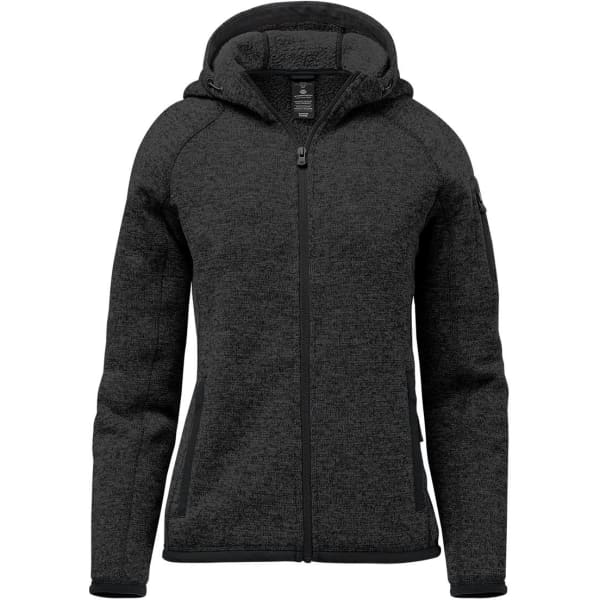 A women's full zip fleece hoody in dark grey, featuring a hood and a zippered front. It has a logo on it.