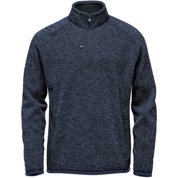 A navy blue pullover jumper with a quarter zip, featuring a chest pocket and textured fabric.