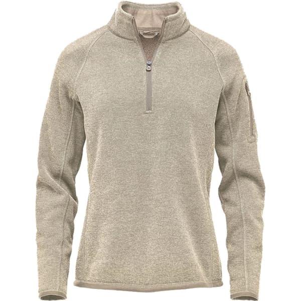 A light beige women's 1/4 zip pullover jumper with a zippered collar and a sleeve pocket. Features a branding logo.